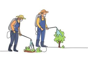 Um único desenho de um casal de fazendeiros completo com uma máscara borrifando as plantas com um spray desinfetante. conceito de minimalismo agrícola. ilustração em vetor gráfico desenho linha contínua