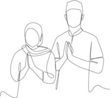 solteiro 1 linha desenhando Ramadã saudações com casal do muçulmano. Ramadã conceito. contínuo linha desenhar Projeto gráfico vetor ilustração.