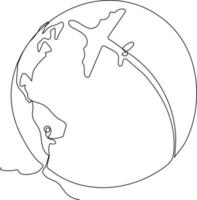 contínuo 1 linha desenhando avião e globo. mundo viajante conceito. solteiro linha desenhar Projeto vetor gráfico ilustração.