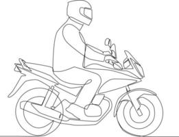 contínuo 1 linha desenhando feliz homem equitação moto em a estrada usando capacete. segurança passeio conceito. solteiro linha desenhar Projeto vetor gráfico ilustração.