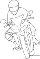 contínuo 1 linha desenhando feliz homem equitação moto em a estrada usando capacete. segurança passeio conceito. solteiro linha desenhar Projeto vetor gráfico ilustração.