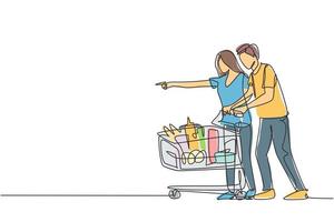 único desenho de linha contínua casal jovem feliz empurrando o carrinho ao fazer compras de produtos diários no supermercado. comprando o conceito de produto orgânico mensal. ilustração de design gráfico vetorial desenho de uma linha vetor