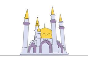 1 solteiro linha desenhando do histórico cúpula ponto de referência mesquita ou masjid. piedosos Lugar, colocar para oração para islamismo pessoas conceito contínuo linha desenhar Projeto vetor ilustração