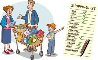 família compras às a mercado e compras Lista desenho animado vetor