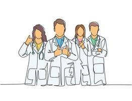 um desenho de linha de grupos de jovens médicos do sexo masculino e feminino dando polegares para cima gesto como símbolo de excelência de serviço. conceito de trabalho de equipe médica. ilustração em vetor desenho desenho em linha contínua