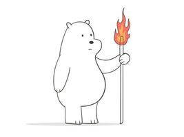 fofa Urso segurando uma flamejante bastão linha arte ilustração vetor