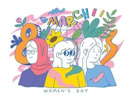 internacional mulheres dia cumprimento cartão. 8 marcha cartazes Projeto com letras, mulheres, flores e decorativo elementos vetor