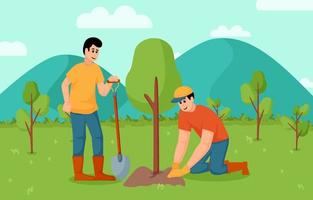 voluntariado, conceito social de caridade. pessoas voluntárias plantam árvores no parque da cidade, os jovens se preocupam com o meio ambiente na natureza para tornar o ambiente mundial mais verde vetor