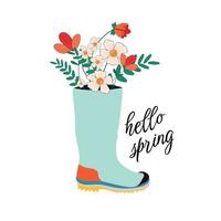 Olá Primavera. fofa chuva chuteiras com flores plantas. mão desenhado Primavera imprimir, cartão, poster. mão escrito texto, letras vetor