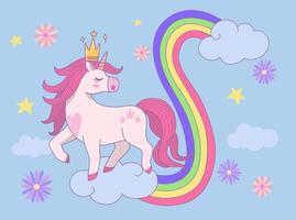 fofa Princesa unicórnio vestindo uma coroa caminhando em nuvens com arco Iris vetor