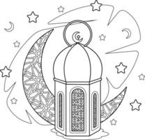coloração página. Ramadã com uma desenho animado brilhante islâmico lanterna e uma lua vetor