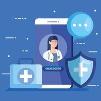 médico no smartphone, conceito de medicina online com ícones médicos vetor