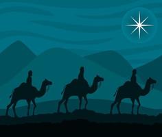 feliz natal e presépio com os três magos em camelos vetor