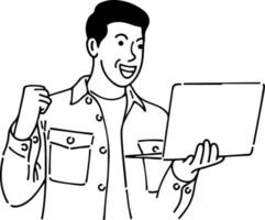 ilustração do a animado homem olhando às uma computador portátil tela vetor