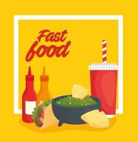 pôster de fast food com comida mexicana, guacamole e bebidas vetor