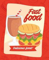 pôster de fast food com hambúrguer e bebida deliciosa vetor