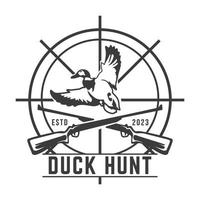 Pato Caçando logotipo emblema silhueta com armas e porcaria isolado fundo vetor