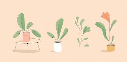 conjunto do diferente em vaso plantas usava para Projeto elementos. mão desenhado ilustrações do casa vegetação decoração, isolado em luz laranja fundo. vetor