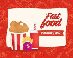 pôster de fast food com frango frito, batata frita e bebida vetor