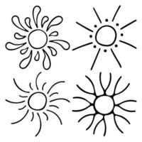 doodle contornos do sol. desenho vetorial de raios solares. variedade de raios solares vetor