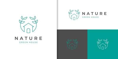 design de logotipo de casa verde natureza design de ícone de símbolo de vetor de estilo de arte de linha com conceito de casa de círculo de folha, design de logotipo de casa ecologicamente correto