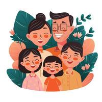 ásia americano família retrato - mãe, pai e três crianças. fofa sorridente personagens para aapi mês. desenho animado mão desenhado rabisco kawaii vetor estilo pessoas