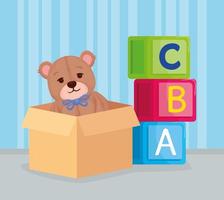 brinquedos infantis, cubos de alfabeto com ursinho de pelúcia em uma caixa vetor