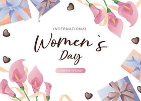 dia internacional da mulher, design de banner de 8 de março com número oito, lírios rosa, corações de chocolate, presentes, fitas. design floral romântico do dia das mães para cartão postal, pôster, cartão postal, panfleto. vetor