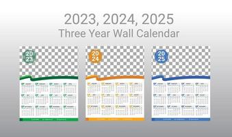 2023, 2024, 2025, três ano calendário 1 página vetor