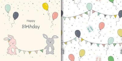 conjunto de padrões perfeitos de feliz aniversário, coelhinhos fofos desenhados à mão com balões e bandeiras vetor
