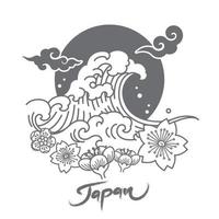 design simbólico do japão com grandes ondas e flores de sakura e nuvem oriental e sol. vetor