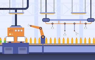 fábrica industrial com correia transportadora e ilustração de montagem robótica vetor