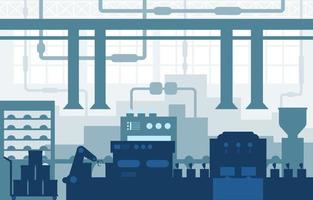 fábrica industrial com correia transportadora e ilustração de montagem robótica vetor