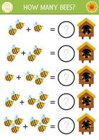 quão muitos abelhas jogos com fofa insetos. em a Fazenda matemática Adição atividade para pré escola crianças. simples Fazenda imprimível contando planilha para crianças com colméia vetor