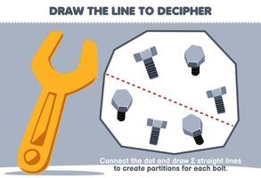 Educação jogos para crianças Socorro chave inglesa desenhar a linhas para separado a parafusos imprimível ferramenta planilha vetor
