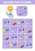 Educação jogos para crianças Socorro fofa desenho animado médico quadrado a corrigir estetoscópio lanterna remédio termômetro conjunto cenário imprimível ferramenta planilha vetor
