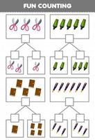 Educação jogos para crianças Diversão contando cenário dentro cada caixa do fofa desenho animado tesoura marcador livro caneta imprimível ferramenta planilha vetor