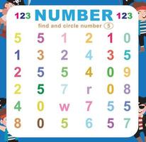 procurar e círculo número em a planilha. exercício para crianças para reconhecer número. educacional Folha para pré escola. vetor arquivo.