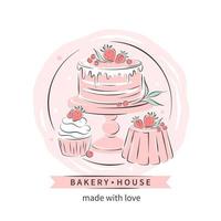 casa de padaria. logotipo para confeitaria ou padaria. bolo, cupcake e frutas. ilustração vetorial para menu, livro de receitas, padaria, café. vetor