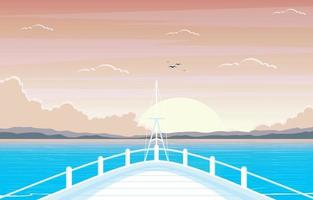 Convés do navio de cruzeiro com ilustração do nascer do sol e do horizonte do oceano vetor