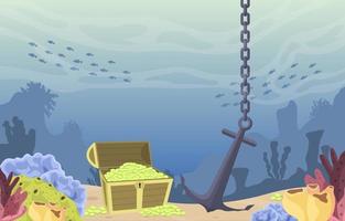 cena subaquática com arca do tesouro, âncora e ilustração do recife de coral vetor