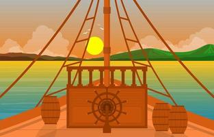 capitão convés do navio com roda de navegação e ilustração do horizonte do oceano