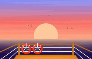 Convés do navio de cruzeiro com ilustração do nascer do sol e do horizonte do oceano vetor