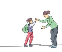 um desenho de linha de uma professora conhecer um de seus alunos na escola e fazendo gesto de high five. conceito de atividade de educação escolar. ilustração em vetor gráfico desenho linha contínua