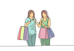 uma linha contínua desenhando duas jovens amigas felizes segurando sacolas de papel enquanto faziam compras juntas. compras de roupas, vestido, moda, maquiagem no conceito de shopping. ilustração de desenho de desenho de linha única vetor