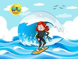grande onda na cena do oceano com uma garota em uma prancha de surf vetor