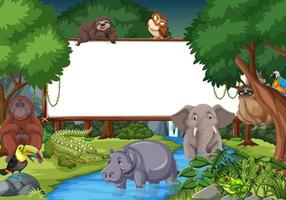 banner em branco na cena da floresta tropical com animais selvagens vetor