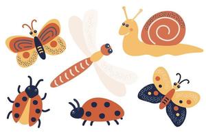 uma conjunto do insetos - borboleta, lesma, joaninha, libélula. vetor ilustração dentro desenho animado estilo. isolado em uma branco fundo.
