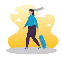 mulher turista caminhando com a bagagem vetor