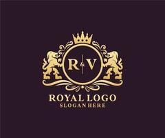 modelo de logotipo de luxo real de leão de carta inicial rv em arte vetorial para restaurante, realeza, boutique, café, hotel, heráldica, joias, moda e outras ilustrações vetoriais. vetor
